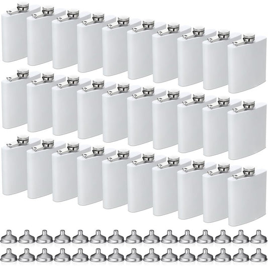Hoolerry 30 Pieces Hip Flasks Set Stainless Steel Liquor Flask with Funnel Metal Leak Proof Flask Pocket Whiskey Flasks for Men Women Bridesmaid Wedding Party Supplies (6 oz,White)
