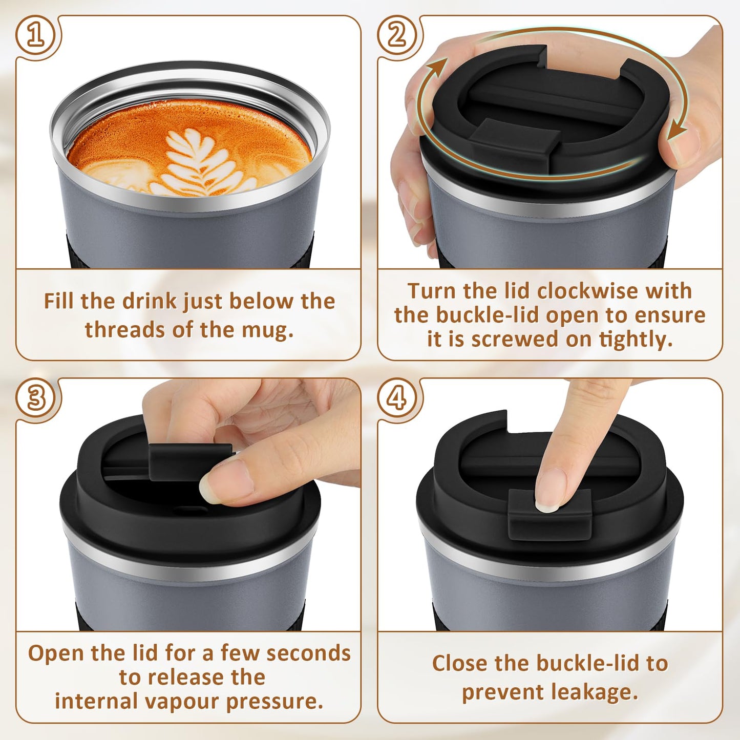 KETIEE Travel Coffee Mug Spill Proof 12oz, Insulated Reusable Coffee Cups with Seal Lid, Vacuum Stainless Steel Travel Mug to Go Car Tumbler for Hot/Iced Drinks (Grey)