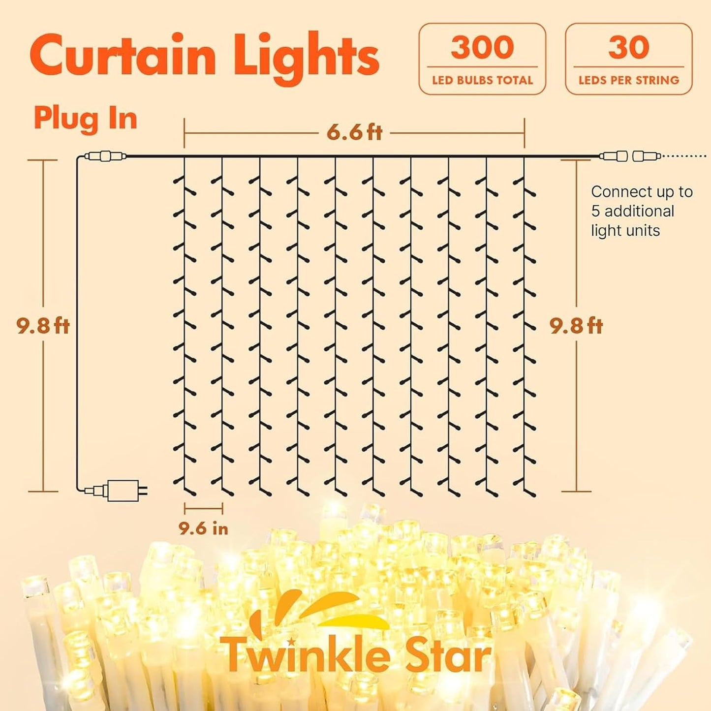 300 LED Twinkle Star Curtain String Lights - Warm White for Wedding, Home & Garden Decor
