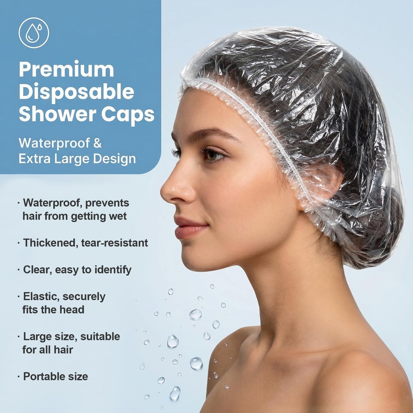 MAQIHAN 100 Disposable Shower Caps Large - Thickened Plastic Hair Caps for Deep Conditioning Shower Cap Reusable Waterproof for Women Men Hair Treatment Bath Cap for Long Hair Travel Essentials