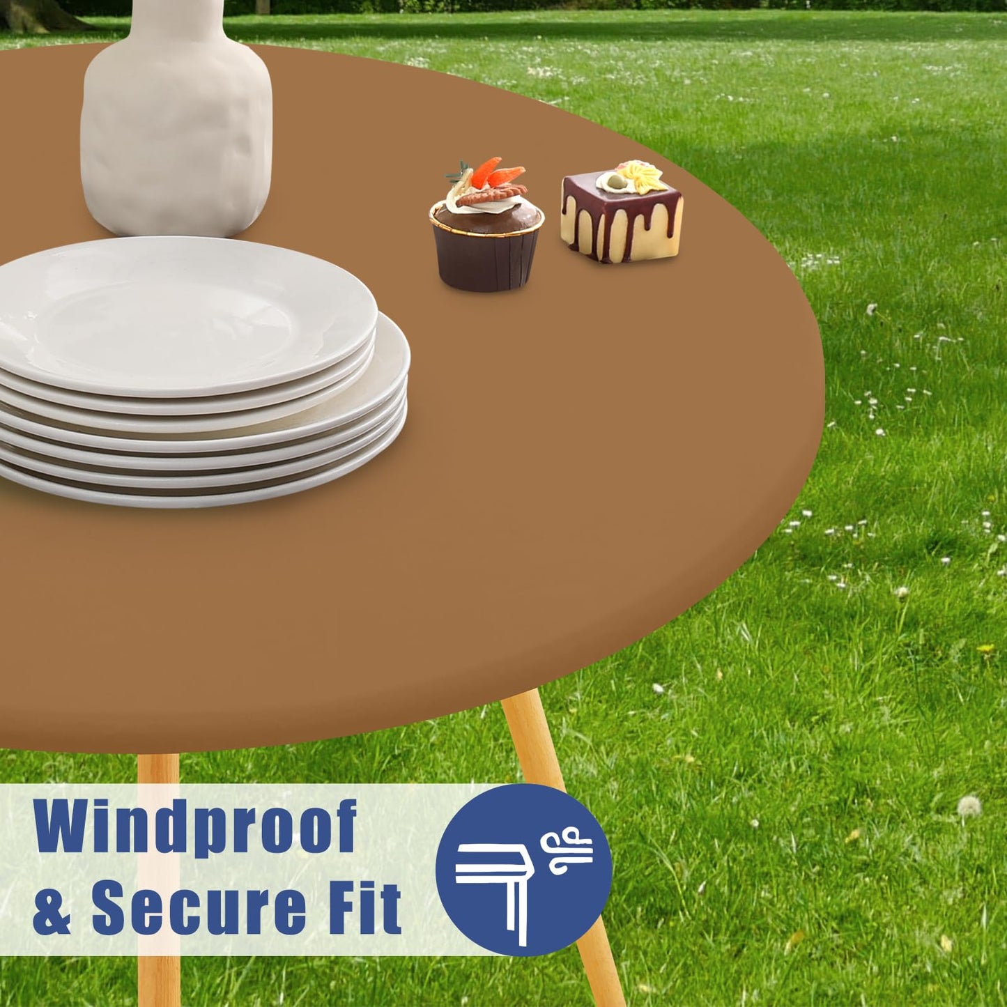 Moosfor Round Spandex Tablecloth, Elastic Fitted Waterproof Tablecloths for 57"-68" Tables, Stretch Washable Picnic Table Cover for Camping, Dining, Indoor and Outdoor,Brown