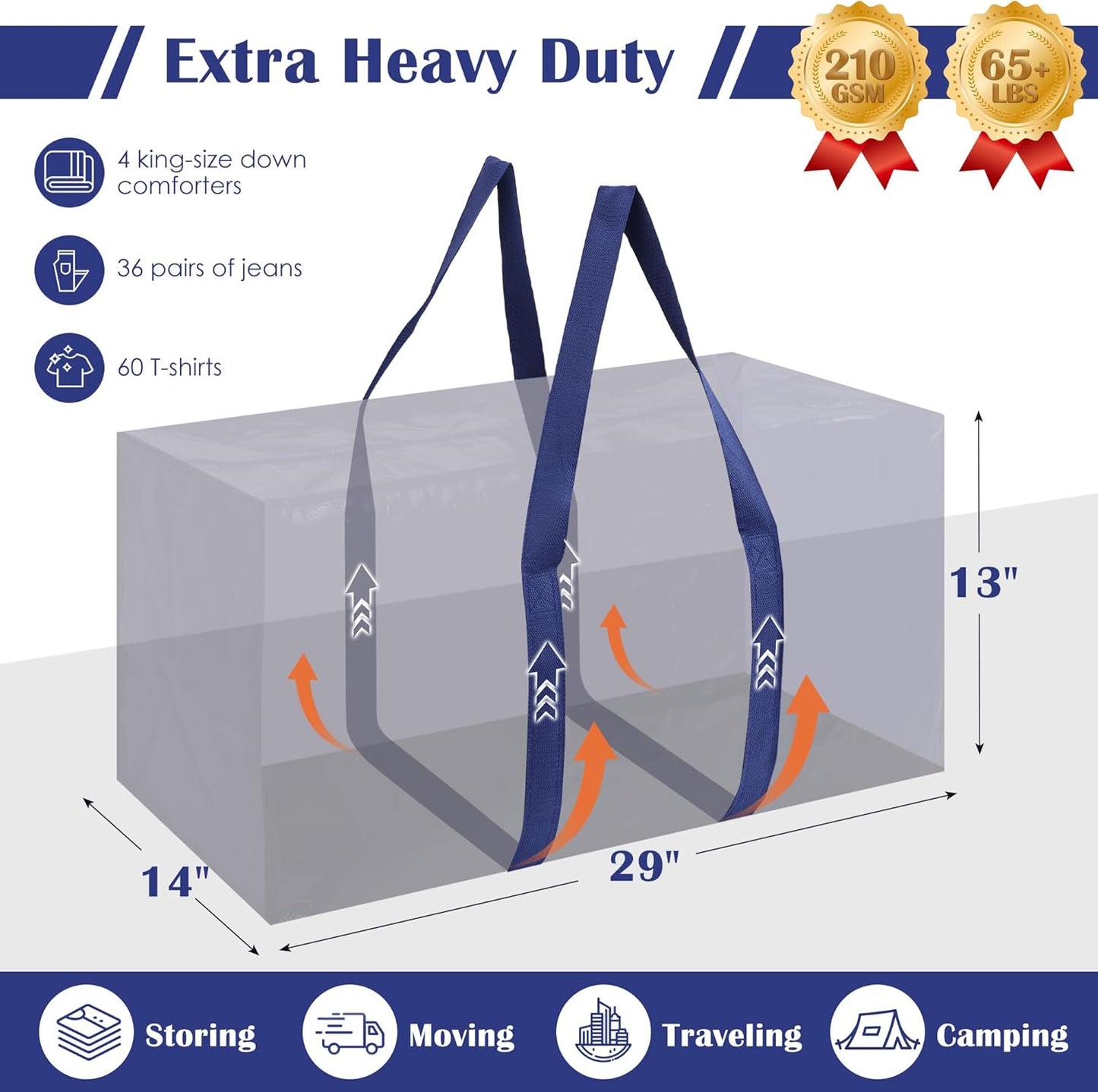 Skiennix 6 Pack Moving Bags - Extra Large 93L Waterproof Storage Totes for Home & College | Blue
