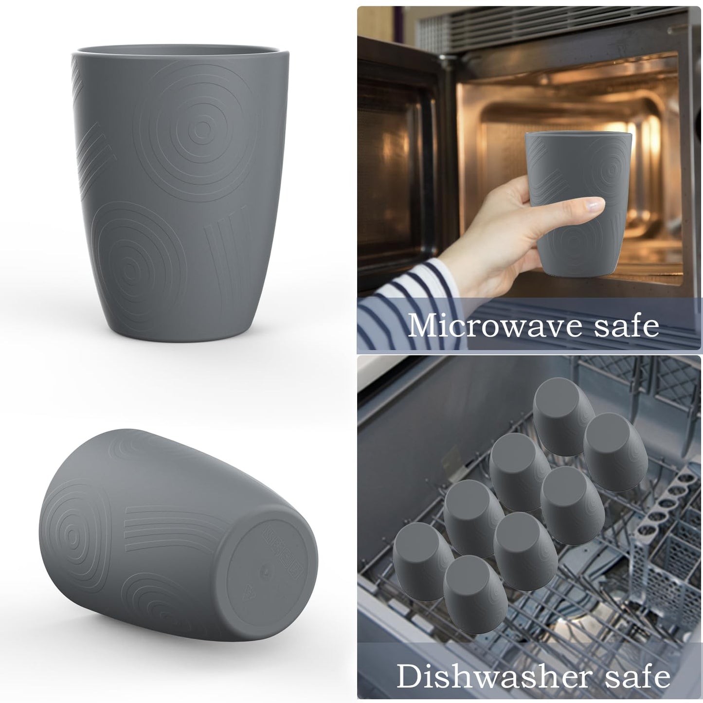 Wrova Wheat Straw Cups 8 PCS Good Alternative to Plastic Reusable Cups 12 oz Unbreakable Drinking Cup Reusable Dishwasher Safe Water Plastic Glasses Grey