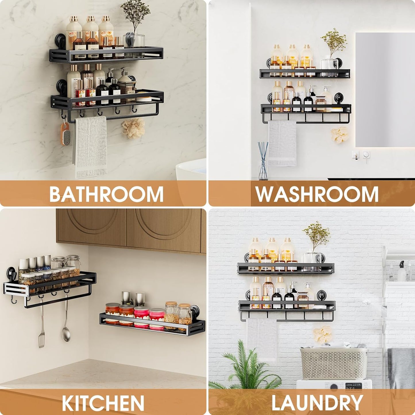 Skiennix Shower Caddy - 15.7 Inch Suction Cup Shelf with Hooks | Rustproof Bathroom Organizer - Black