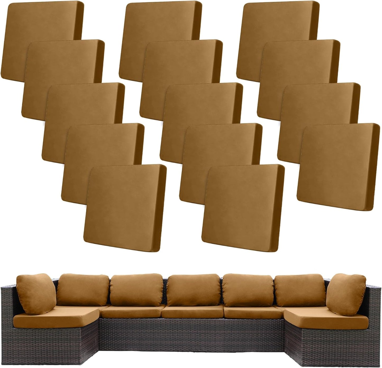 Skiennix 14-Piece Stretch Patio Cushion Covers - Washable & Reusable Outdoor Furniture Protector | Camel