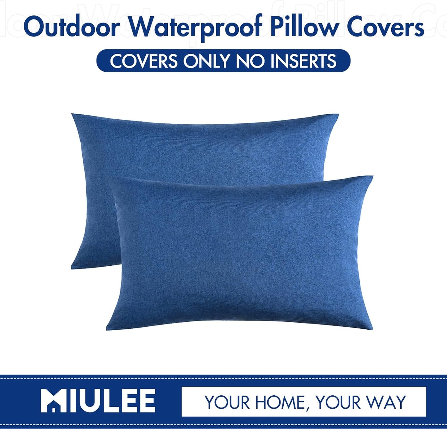 MIULEE Outdoor Waterproof Throw Pillow Covers - Pack of 2 Faux Linen Cushion Cases | 20x12 Inch Blue for Summer Patio
