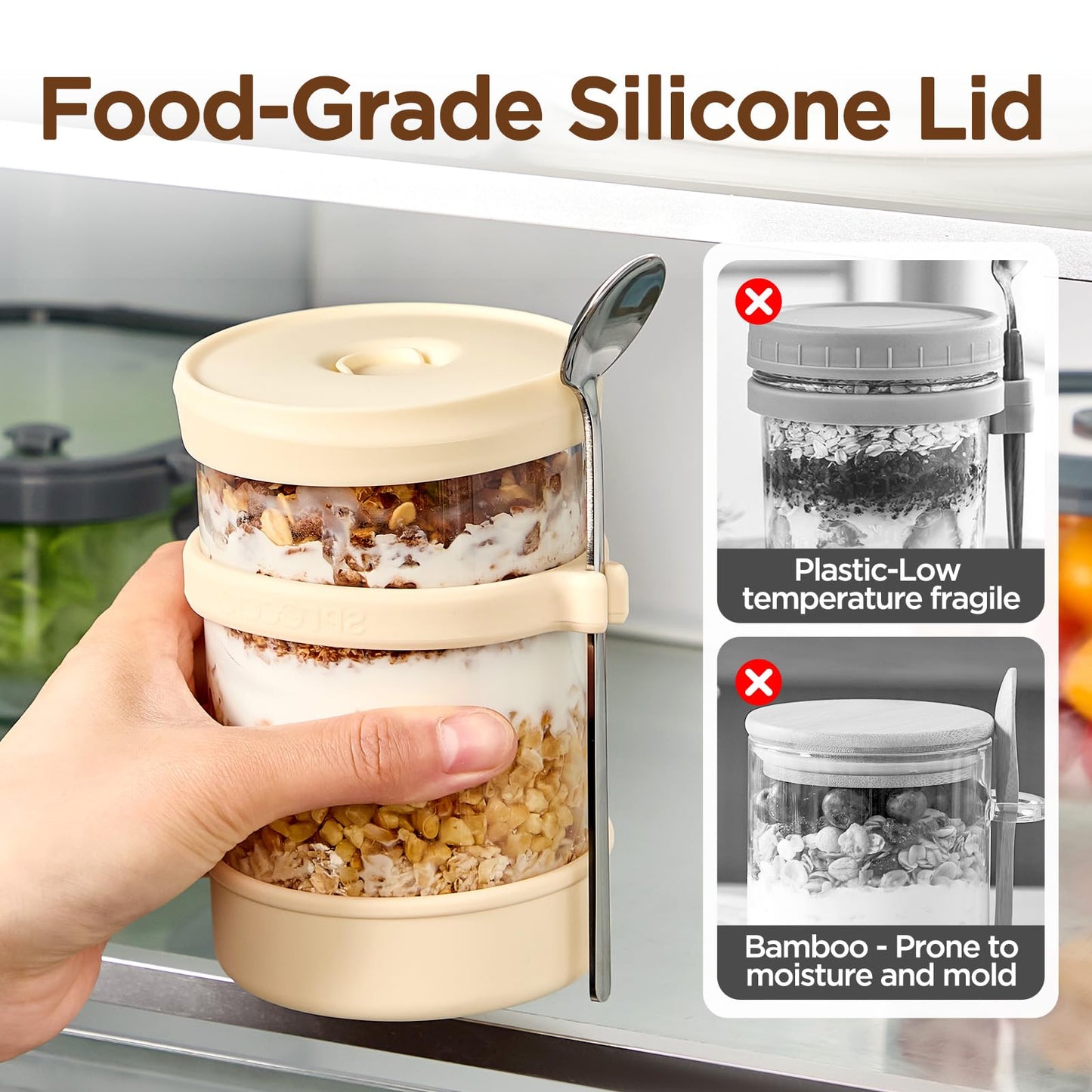 Spreccio Glass Overnight Oats Containers with Lids of Silicone and Spoon 16 oz [2 Pack], Airtight Overnight Oats Jars with Silicone Lid, For Yogurt Containers Chia Pudding Jars Snack Spice (Yellow)