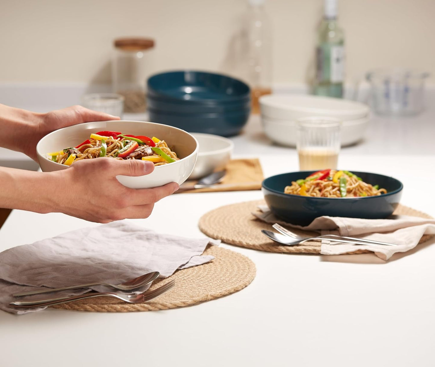 KooK Ceramic Pasta Bowls - Large Capacity Serving Bowls | Microwave & Dishwasher Safe, Set of 4 (White)