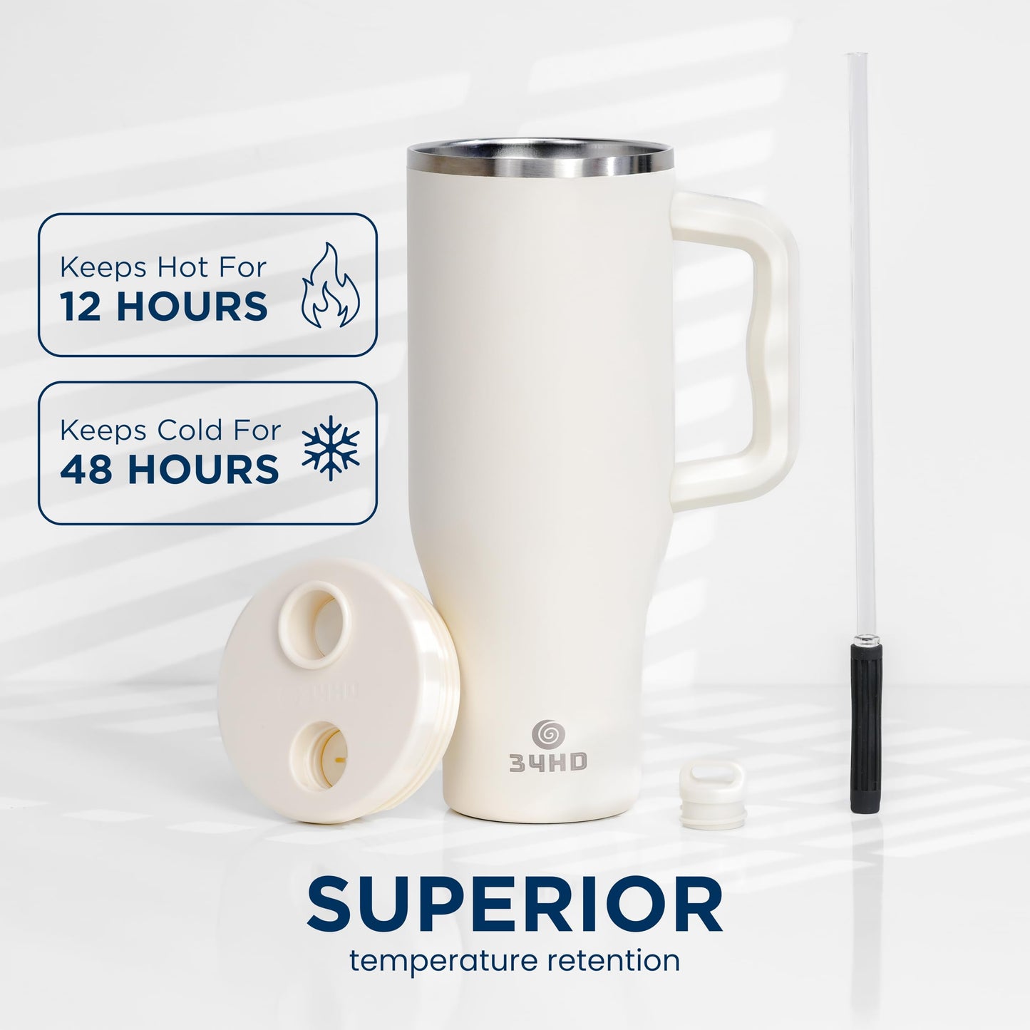 34HD 40 oz Stainless Steel Tumbler - Leakproof Insulated Water Bottle with Handle, Magnetic Lid and Flexible Straw - 48 Hours Iced – Perfect for Men, Women, Birthday Present, White - Vanilla Cloud