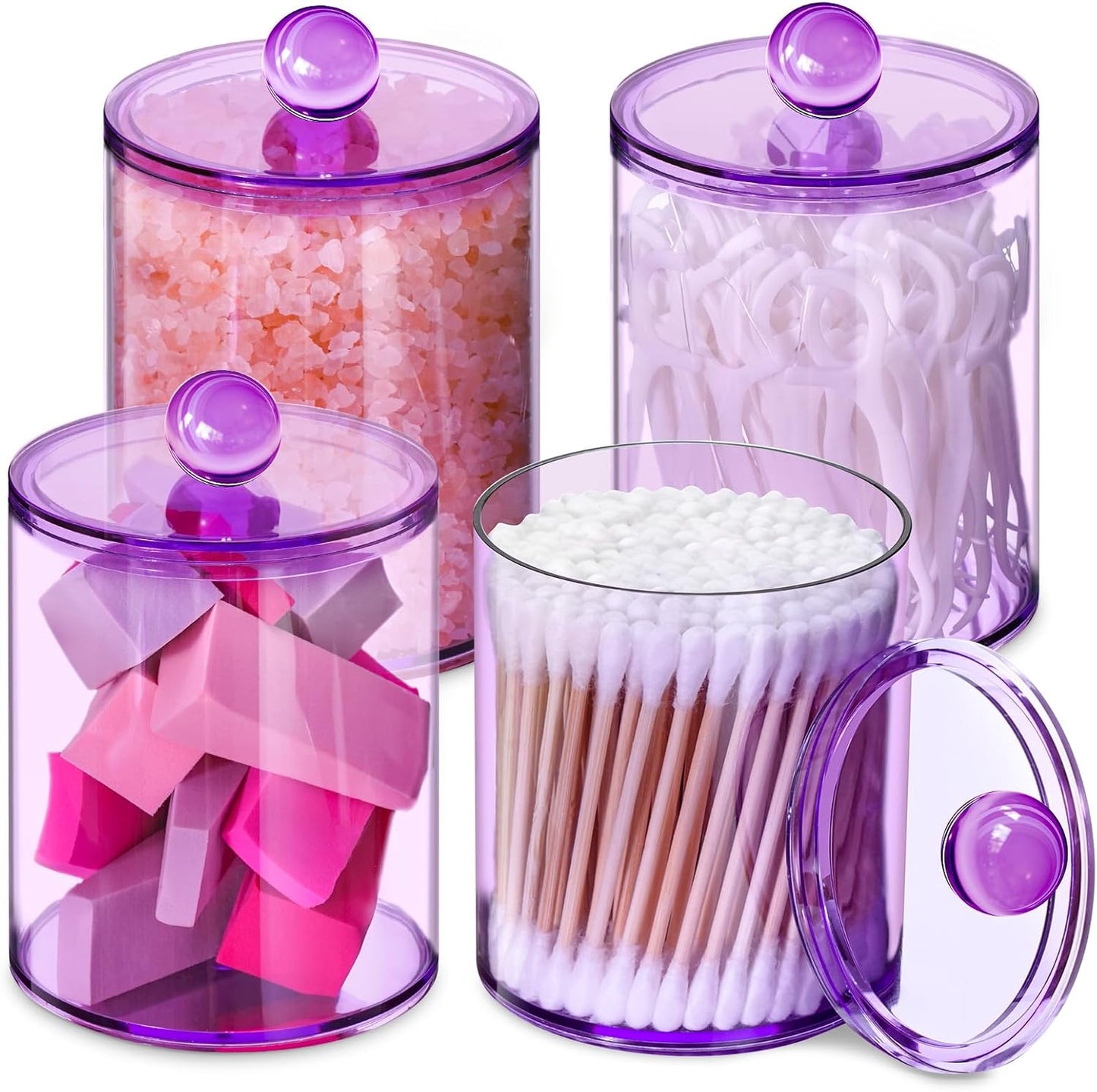 XIPENGKEJI Qtip Holder Set - 4 Pack Apothecary Jars with Lids for Cotton Swabs & Pads | 10oz-12oz Purple