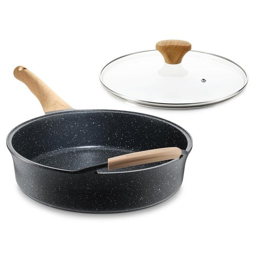 Deep Nonstick Frying Pan with Lid, 4.5 QT Swiss Granite Coating Sauté Pan, 12 Inch Healthy Non Stick Skillet Cooking Pan and Helper Handle with Silicone Cover, PFOA Free, Induction Ready.