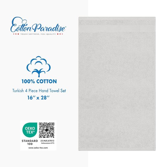 Cotton Paradise Hand Towels - 100% Turkish Cotton 4-Piece Set | Soft, Absorbent, Silver Grey