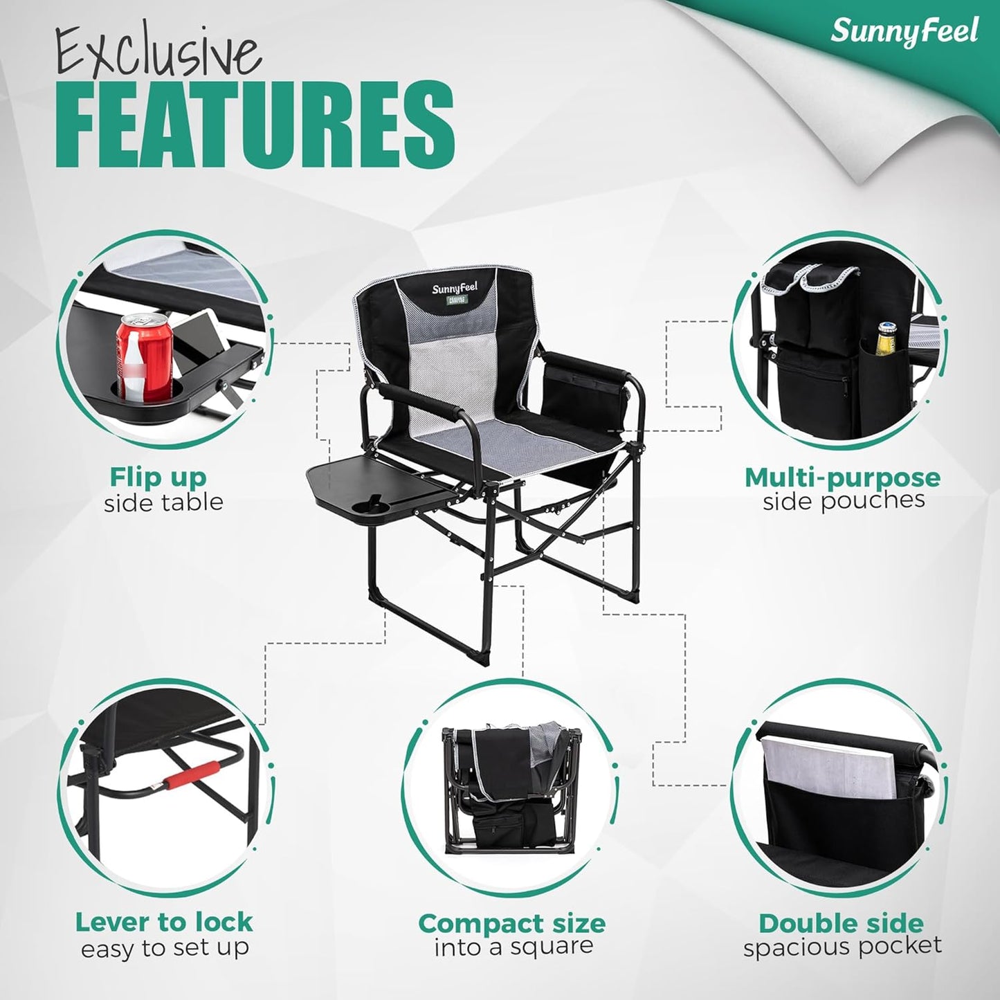 SUNNYFEEL Heavy-Duty Camping Directors Chair - Oversized Portable Folding Chair with Side Table & Pocket for Outdoor Use