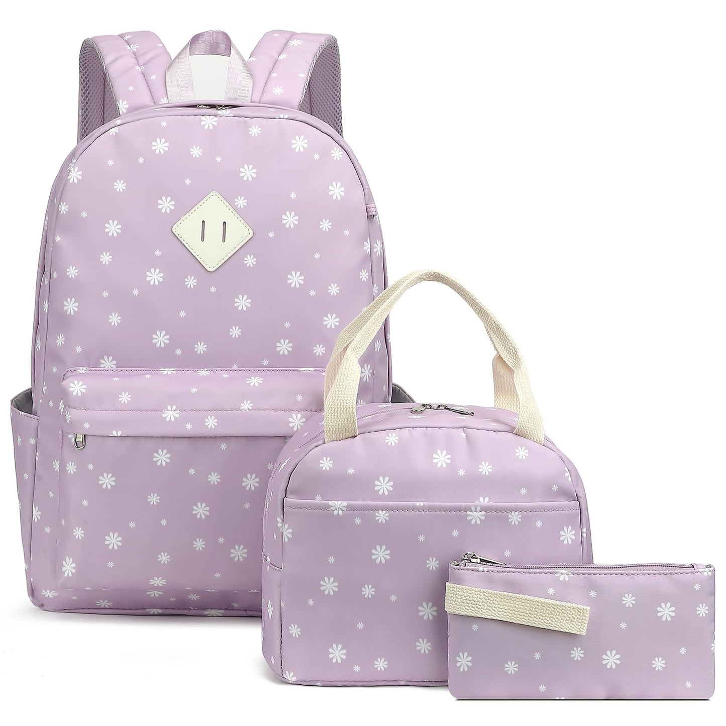 Flowers School Backpack for Girls, 3PCS Bookbags Set with Lunch Box Pencil Pouch Elementary Middle School Bag Laptop Back Packs (Daisy Purple)