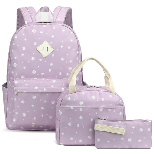 Flowers School Backpack for Girls, 3PCS Bookbags Set with Lunch Box Pencil Pouch Elementary Middle School Bag Laptop Back Packs (Daisy Purple)