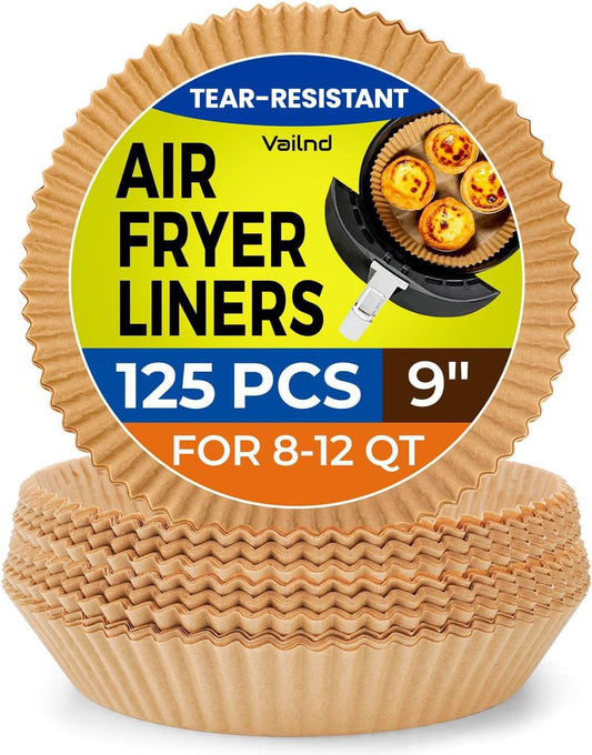 Vailnd 9-Inch Round Air Fryer Liners | 125PCS Non-Stick Parchment Paper, Oil Resistant & Food Grade