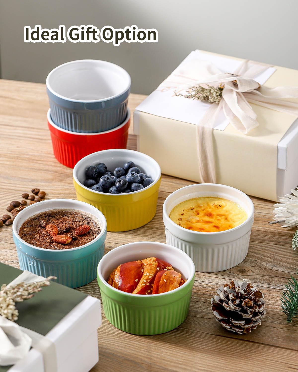 Hasense Ceramic Ramekins, 8 oz Creme Brulee Ramekins Set of 6, Porcelain Souffle Cups for Pudding, Dipping Sauce, Ice Cream, Custard, Ceramic Baking Dish, Dishwashing Safe, White
