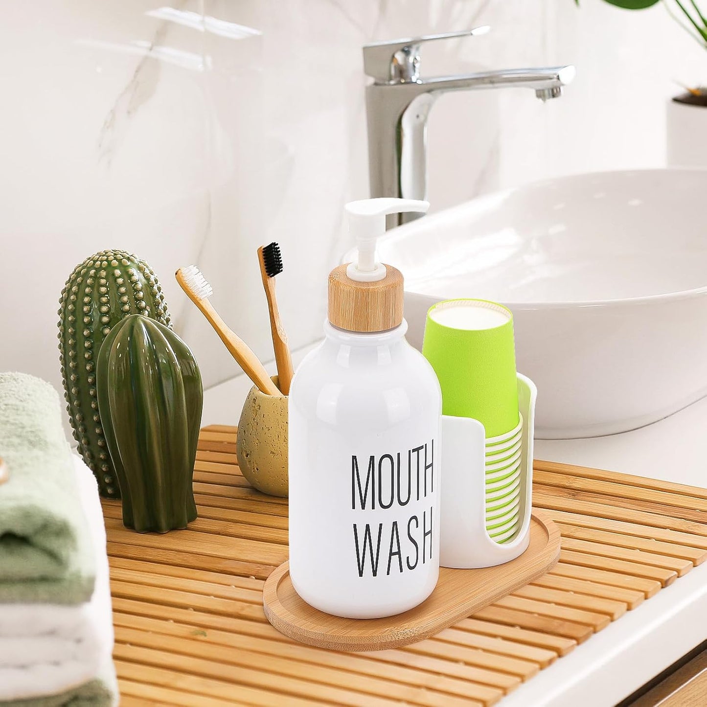 Skiennix Mouthwash Dispenser - Refillable 17oz Clear Pump Bottle with Cup Holder & Tray for Bathroom Organization