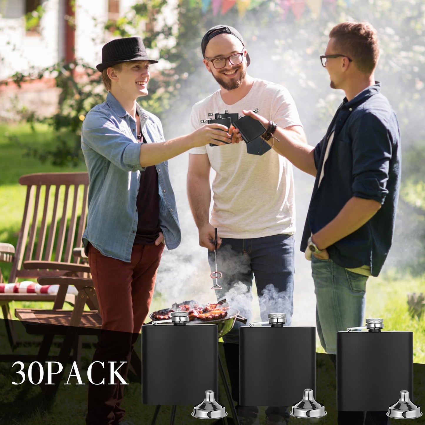 Hoolerry 30 Pack Hip Flasks for Liquor,Stainless Steel Whiskey Flask Set with Funnels Pocket Bulk for Groomsmen Gifts, Bridesmaids, Bachelor Party, Wedding Favor Supplies(6 oz,Black)