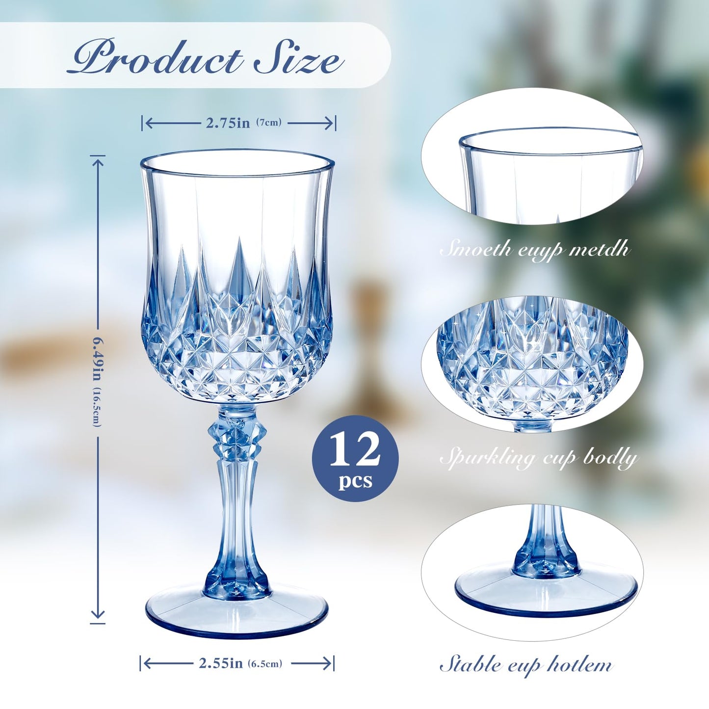 Dualshine 12 Pcs Blue Plastic Wine Glasses, Blue Transparent Plastic Goblets for Wedding Reception, Drinking Glasses for Parties, Valentine's Day, Birthdays