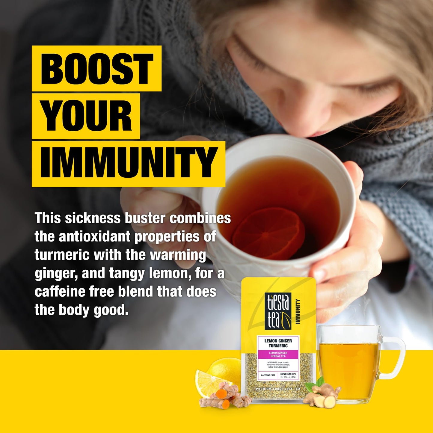 Tiesta Tea - Lemon Ginger Turmeric, Mother's Day Loose Leaf, Lemon Ginger Herbal Tea, Premium Blend, Non Caffeinated Herbal, Make Hot or Iced Brews Up to 25 Cups, 2.5 Ounce Resealable Pouch