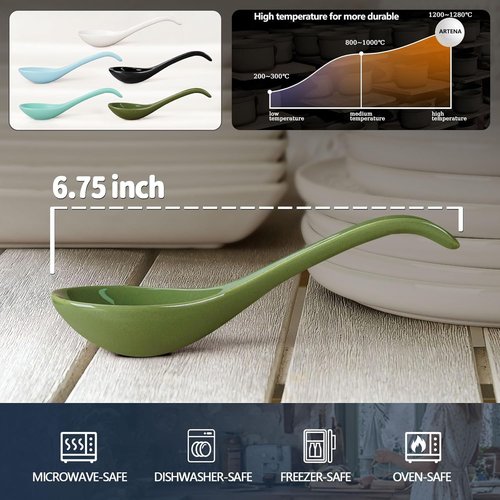 Artena Soup Spoon Set - 6 Ultra-Fine Porcelain Ramen Spoons for Pho & Miso | Deep Oval Design - Green