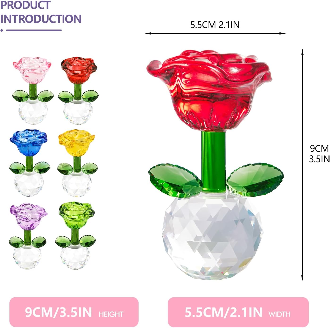 Regine Switzerland Crystal Glass Rose Flowers Figurines - Colorful Blown Glass Decor | Set of 6, 3.5in