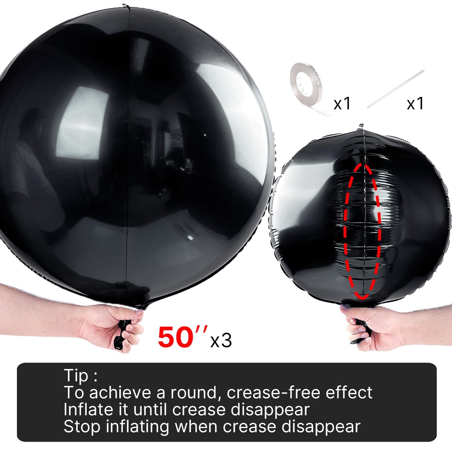 PartyWoo Black Foil Balloons 3pcs 50 Inch Large Round Foil Big Giant 4D Jumbo Inflatable Mirror Ball Mylar Balloons for Halloween Graduation Birthday Retirement Anniversary Party Decorations