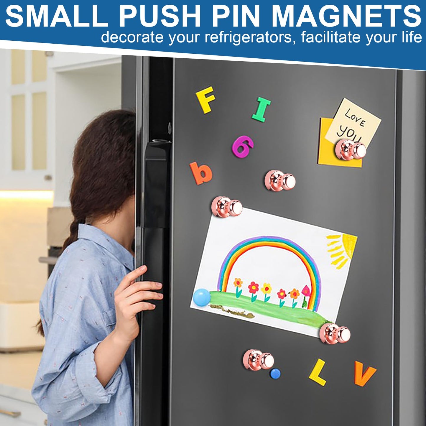 LOVIMAG 40 PCS Refrigerator Magnets, Strong Fridge Magnets for Whiteboard, Rose Gold Magnets Refrigerator Small Neodymium Magnet, Metal Push Pin Magnets for Fridge, Office, Classroom, Home,Kitchen