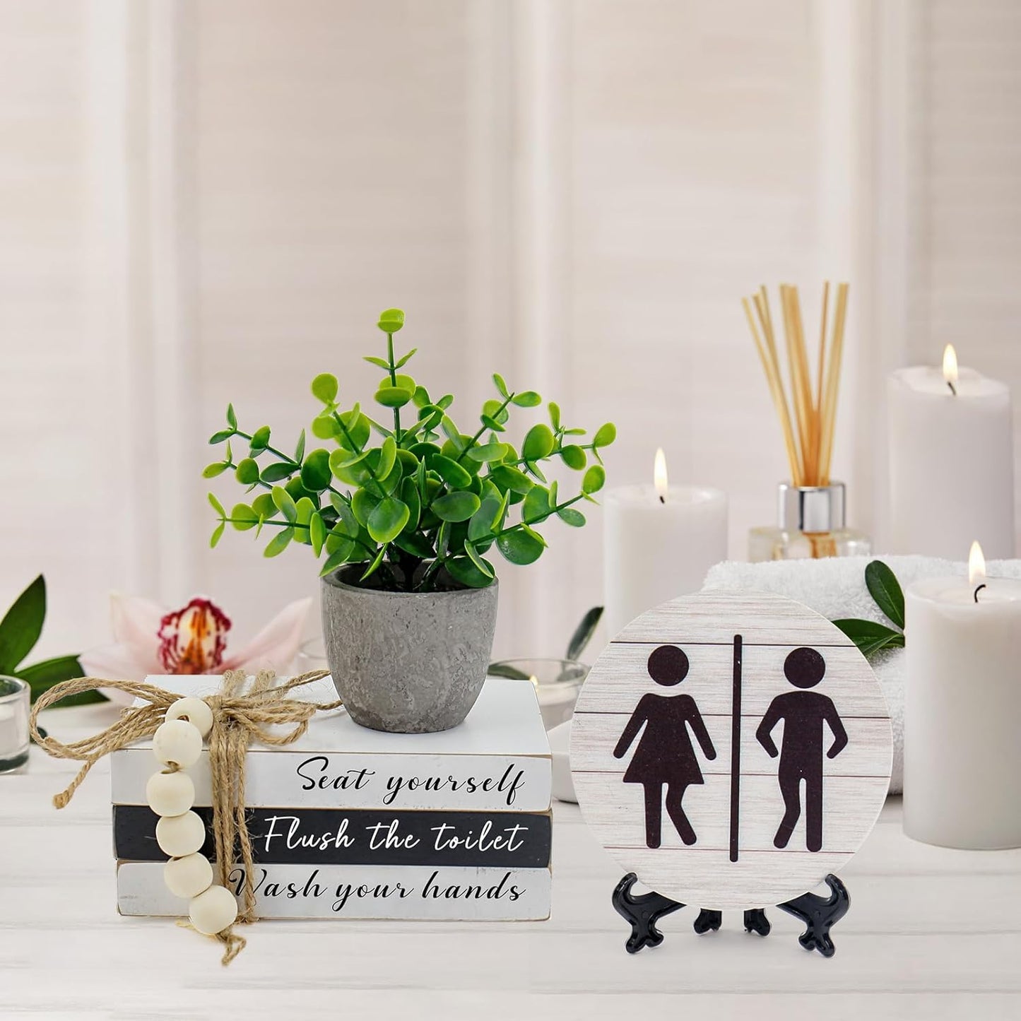 Skiennix Bathroom Shelf Decor - Funny Wooden Signs with 3D Round Design & Fake Plants | Restroom Shelf Accent