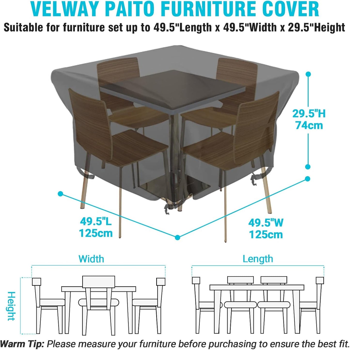 Velway Patio Furniture Cover - Waterproof Square Table & Chair Set Cover | 50”L x 50”W x 29”H, All-Weather Oxford Material with Zipper Bag & Windproof Buckles