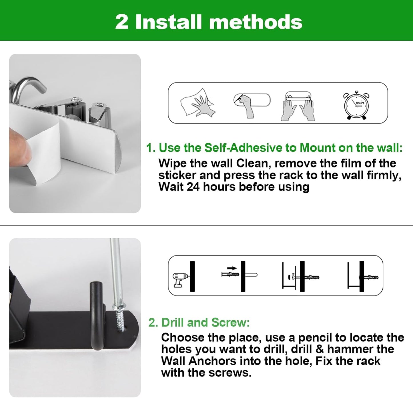 Voze Mop and Broom Holder - 2 Racks & 3 Hooks | Heavy-Duty Wall Mount Organizer for Kitchen & Garage