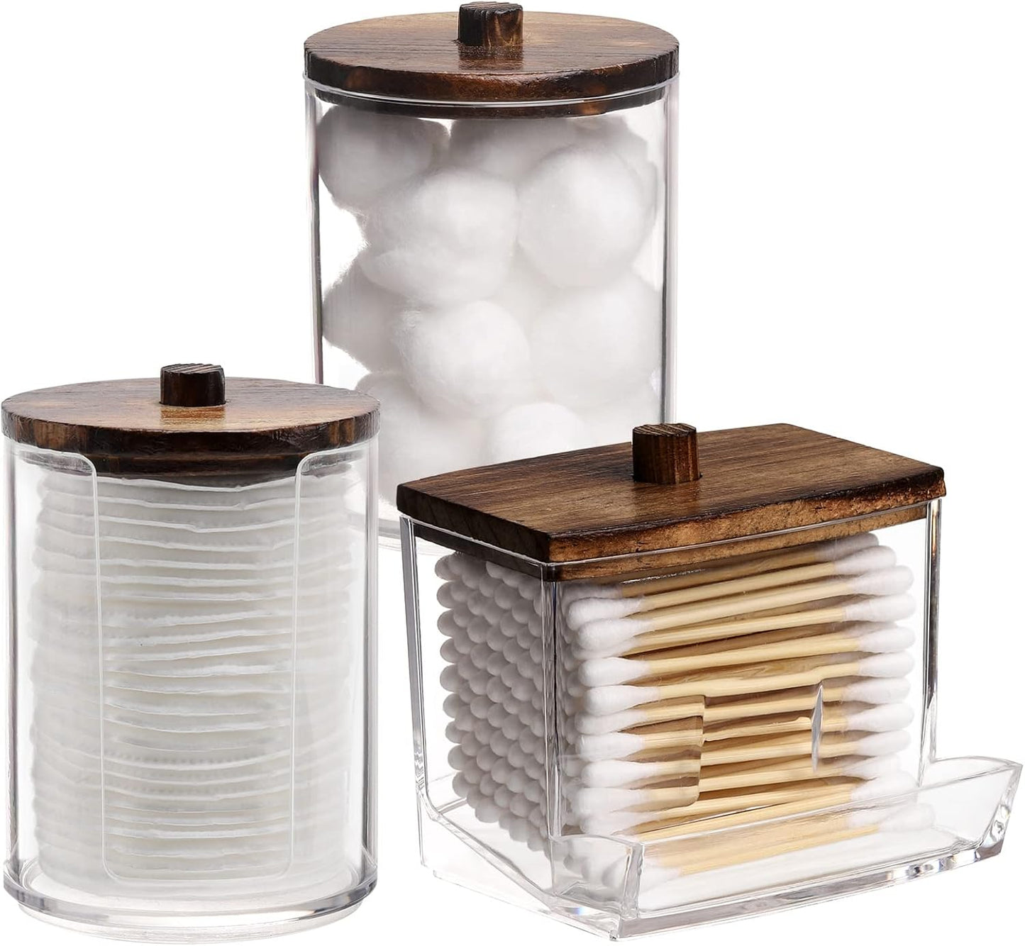 Tbestmax Bathroom Organizer Set | 3-Piece Apothecary Jar Set with Wood Lids for Q-Tips & Cotton Balls