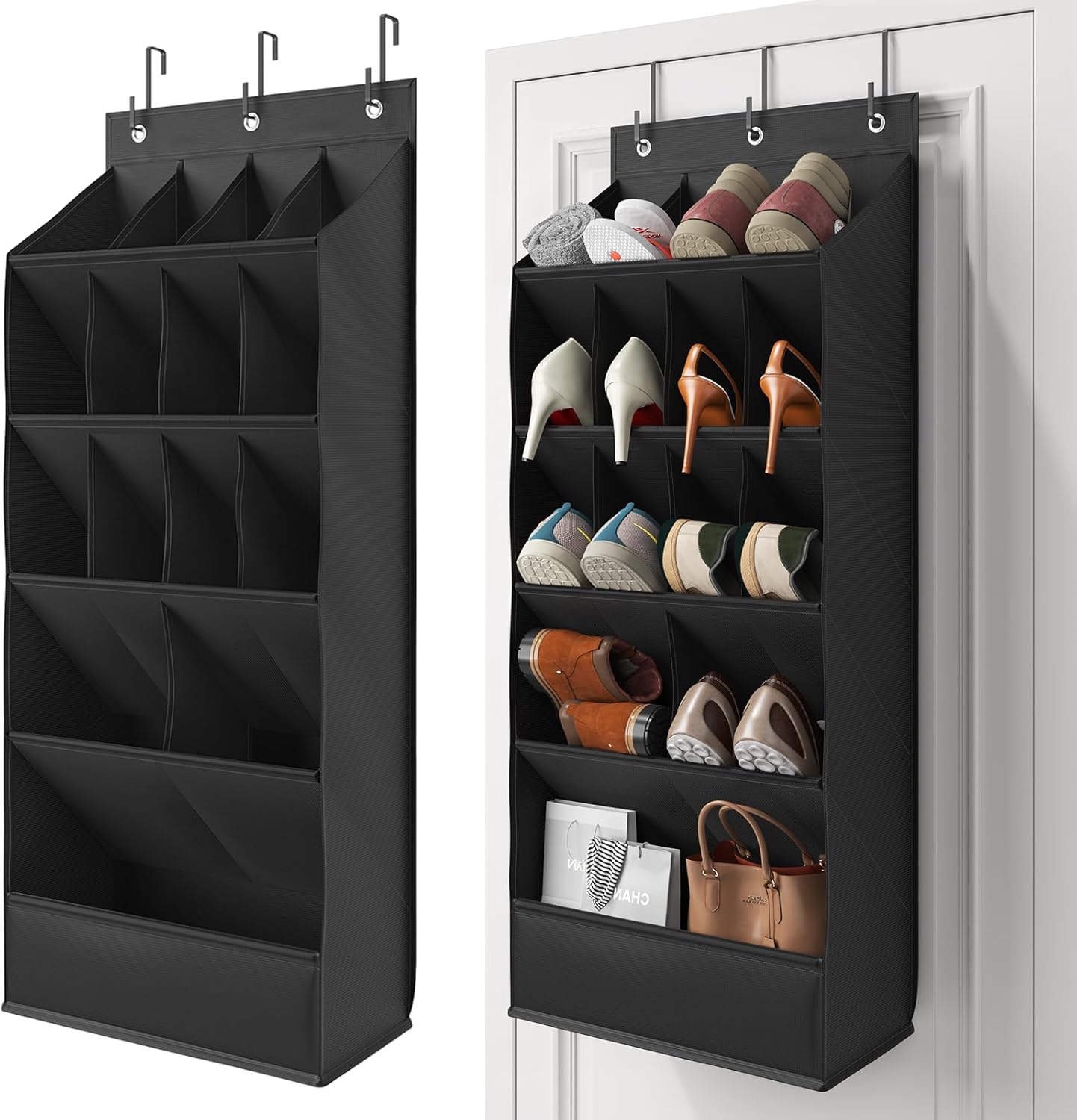 Over The Door Shoe Organizer by [Brand Name] - 18 Pairs Capacity with Large Breathable Pockets | Black