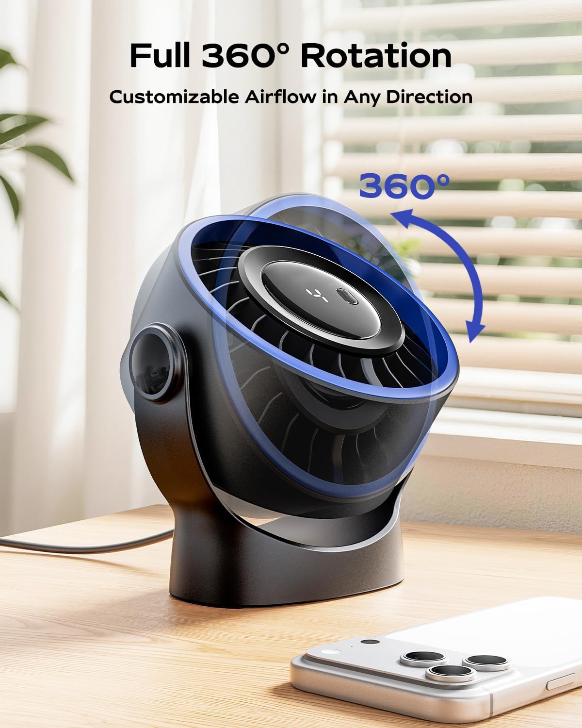 Sweetfull USB Small Desk Fan - 5-Inch Mini Personal Fan with 4 Speeds & 360° Adjustable Tilt | Quiet & Portable for Home, Office, Travel - Black
