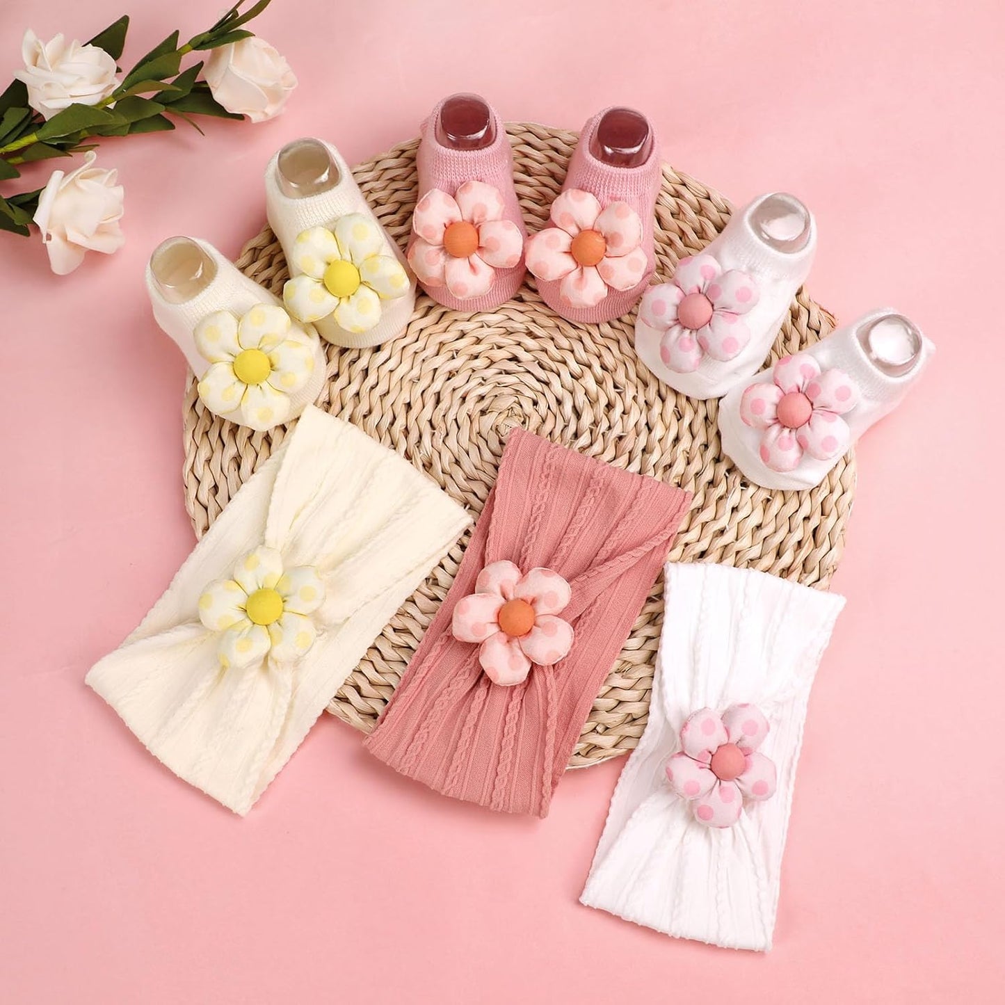 MIUXUESO Baby Girls' Headbands & Socks Set - Non-Slip Flower Hairbands & Cozy Socks | Pink, 6-12 Months