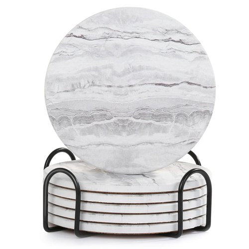 Acejoz Drink Coasters with Holder for Coffee Table, Absorbent Coaster Set of 6, Marble Style Ceramic Coaster for Wooden Table, Suitable for Kinds of Cups, Home Decor, 4 Inches