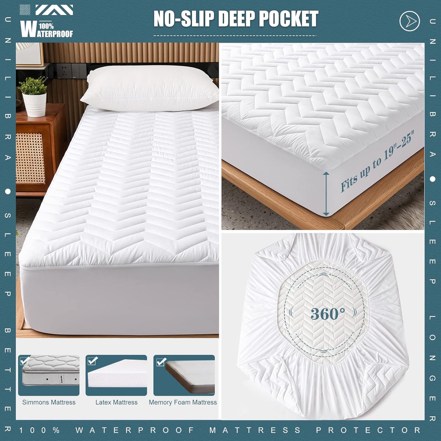 Skiennix Queen Size Waterproof Mattress Protector - Quilted, Breathable & Ultra-Soft | Fits 6''-25'' Mattresses, White