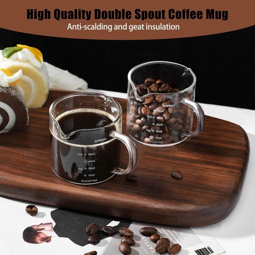 FUNGLIJIE Espresso Cups Set of 2, 75ML Espresso Shot Glass with Handle Double Spout Cups Clear Glass Measuring Cup Coffee Accessories Great for Making Coffee Desserts Salad Dressing
