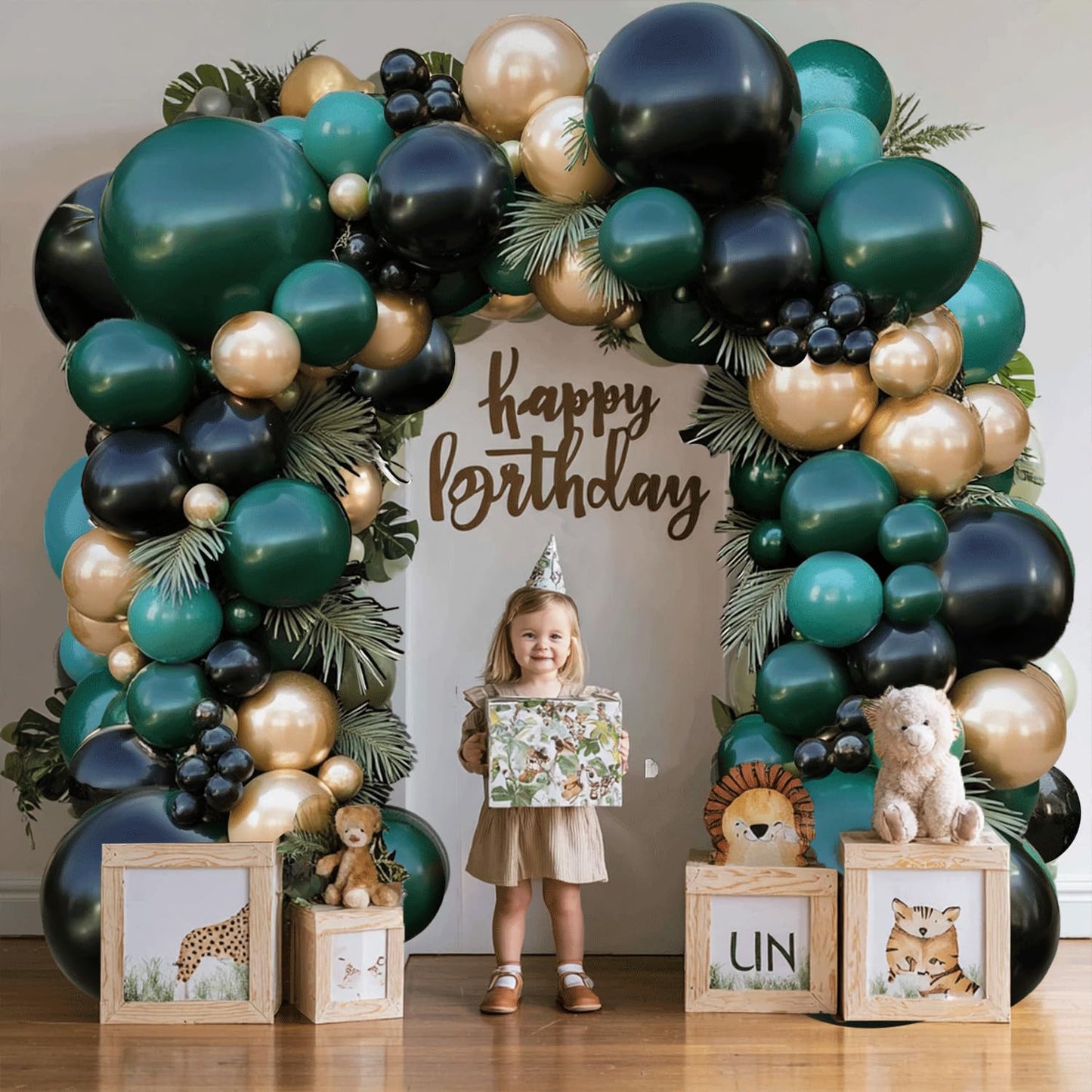 Green Black Gold Balloon Arch Kit - 119 PCs Double Stuffed Emerald Dark Green and Black Metallic Glod Balloons Arch for Wedding Graduation Birthday Jungle Prom Party Decorations