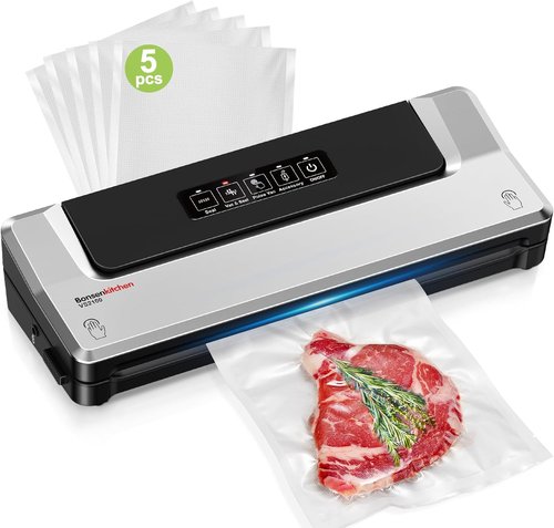 Bonsenkitchen Vacuum Sealer Machine - Compact Food Sealer for Meal Prep & Storage | 5 Bags Included, Silver