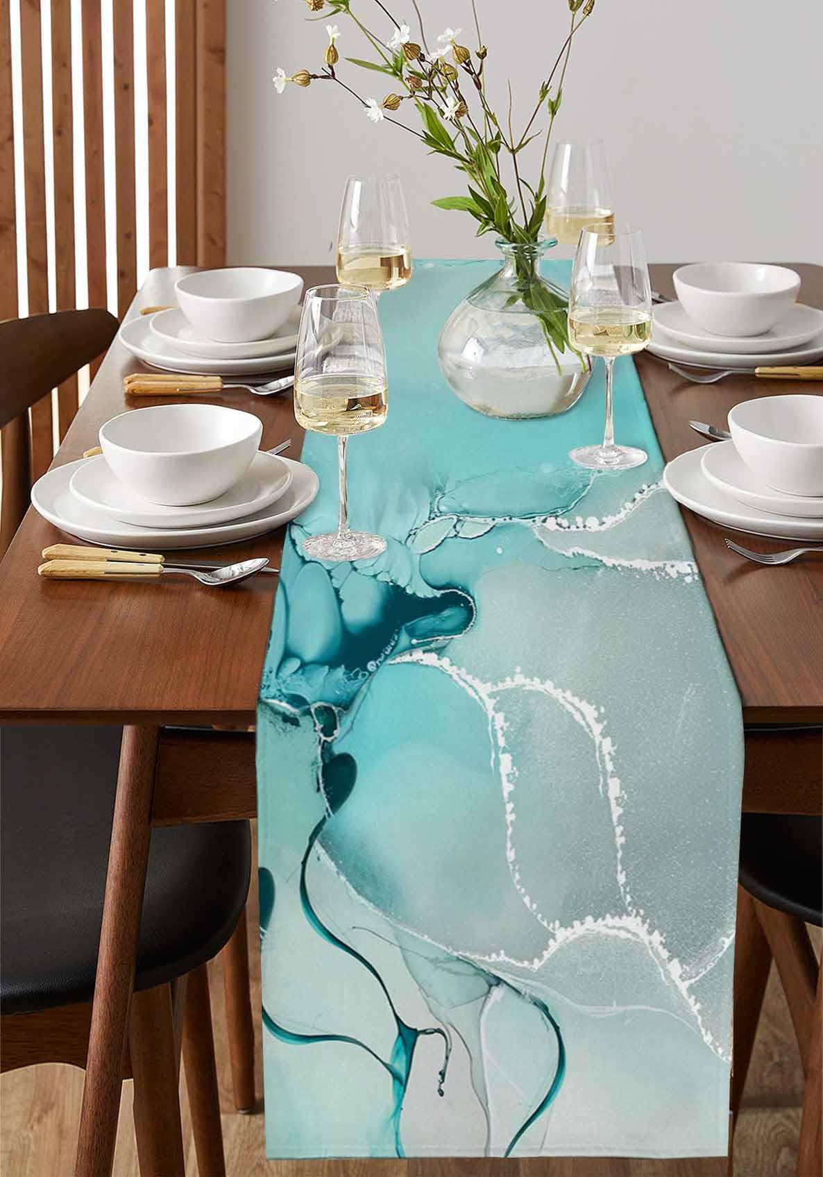 Marble Turquoise Teal Aqua Table Runner 90 Inches Long,Cotton Linen Modern Kitchen Dinner Dining Table Runners Decor Long Dresser Scarf,Burlap Tablerunner for Coffee/Dining/Party/Wedding Table