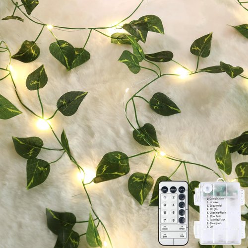Extra Length 40ft 120 LED Vine with Fairy Lights Pothos String Lights USB Plugin & Battery Operated Leaf Lights with Timer 8 Modes Remote Decorative Light for Bedroom Wedding Party - Warm White