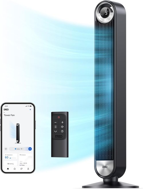 DREO Tower Fan - 90° Oscillating Standing Floor Fan with 28ft/s Velocity & 25dB Quiet Operation | 9 Speeds, 4 Modes, 12H Timer, Voice & App Control