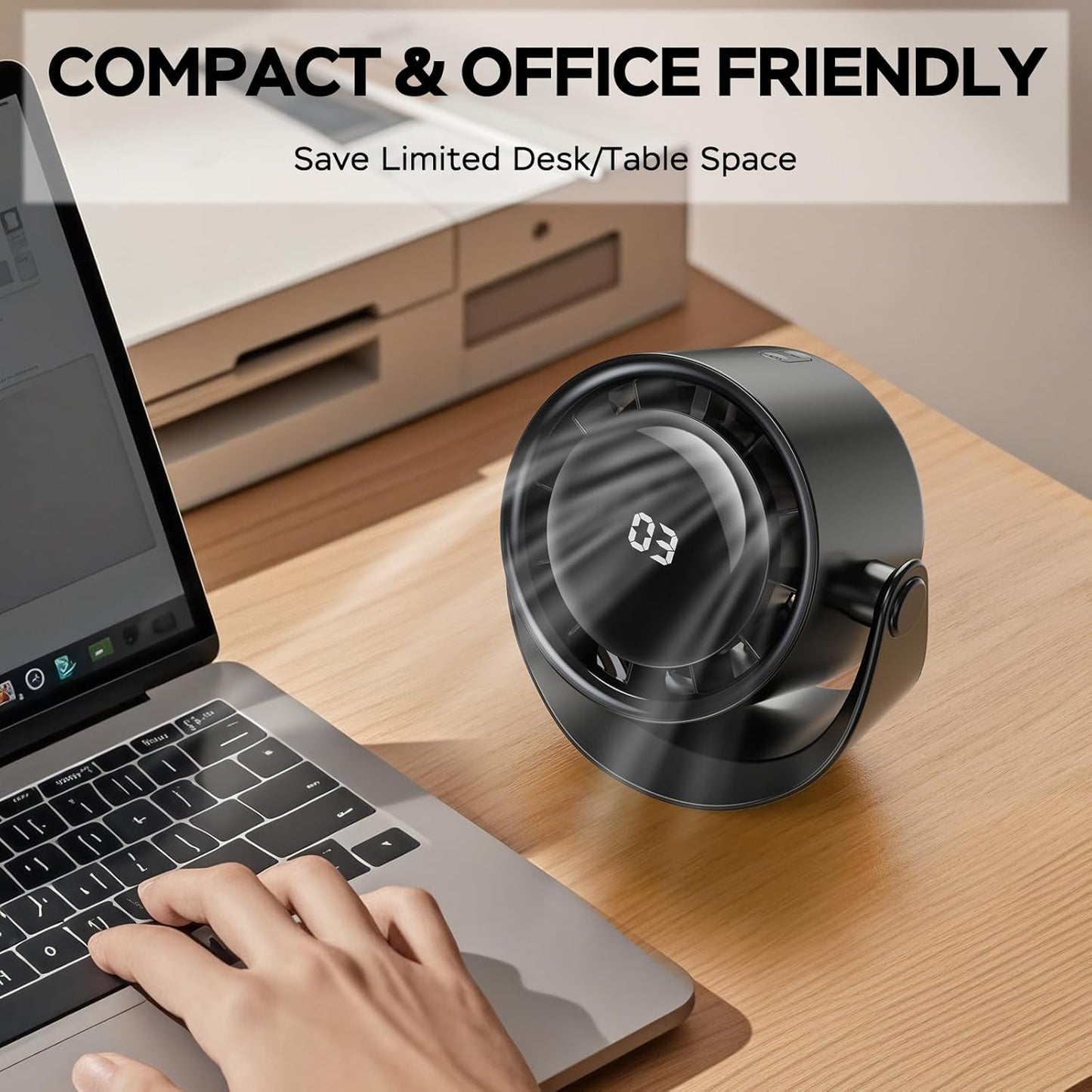 MORECORE Portable Desk Fan - Turbo Quiet with Strong Airflow, 360° Rotation, 5 Speeds, 4000mAh Battery, LED Display - Black