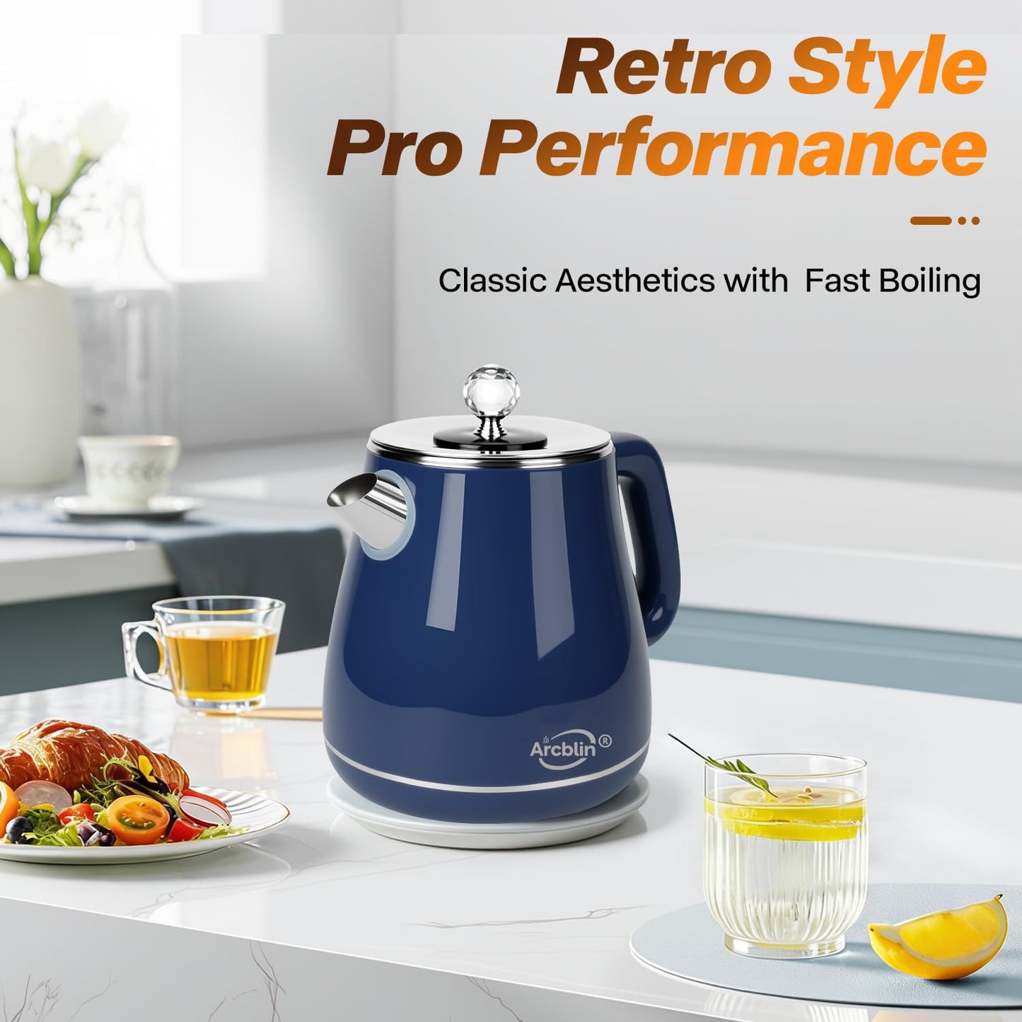 Vintage Electric Kettle 1.8L, All Stainless Steel Hot Water Electric Kettle for Boiling Water, BPA Free Tea Kettle, 1350W Fast Boil, Auto Shut Off & Boil-Dry Protection