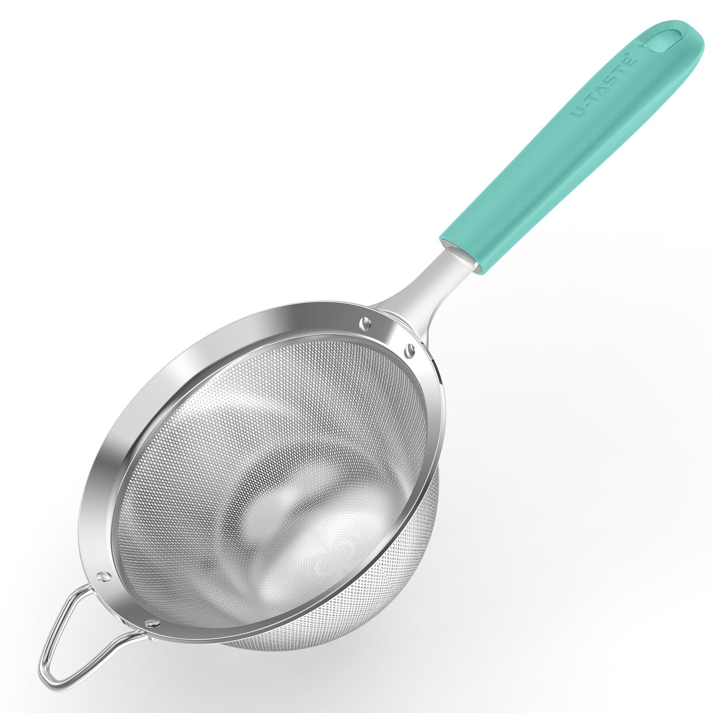 U-Taste Medium Fine Mesh Strainer: 18/8 Stainless Steel 4.73in 30 Mesh Kitchen Food Sieve with Sturdy Riveted Silicone Handle, Heavy Duty Deep Handheld Metal Colander for Rice, Quinoa, Flour(Aqua Sky)