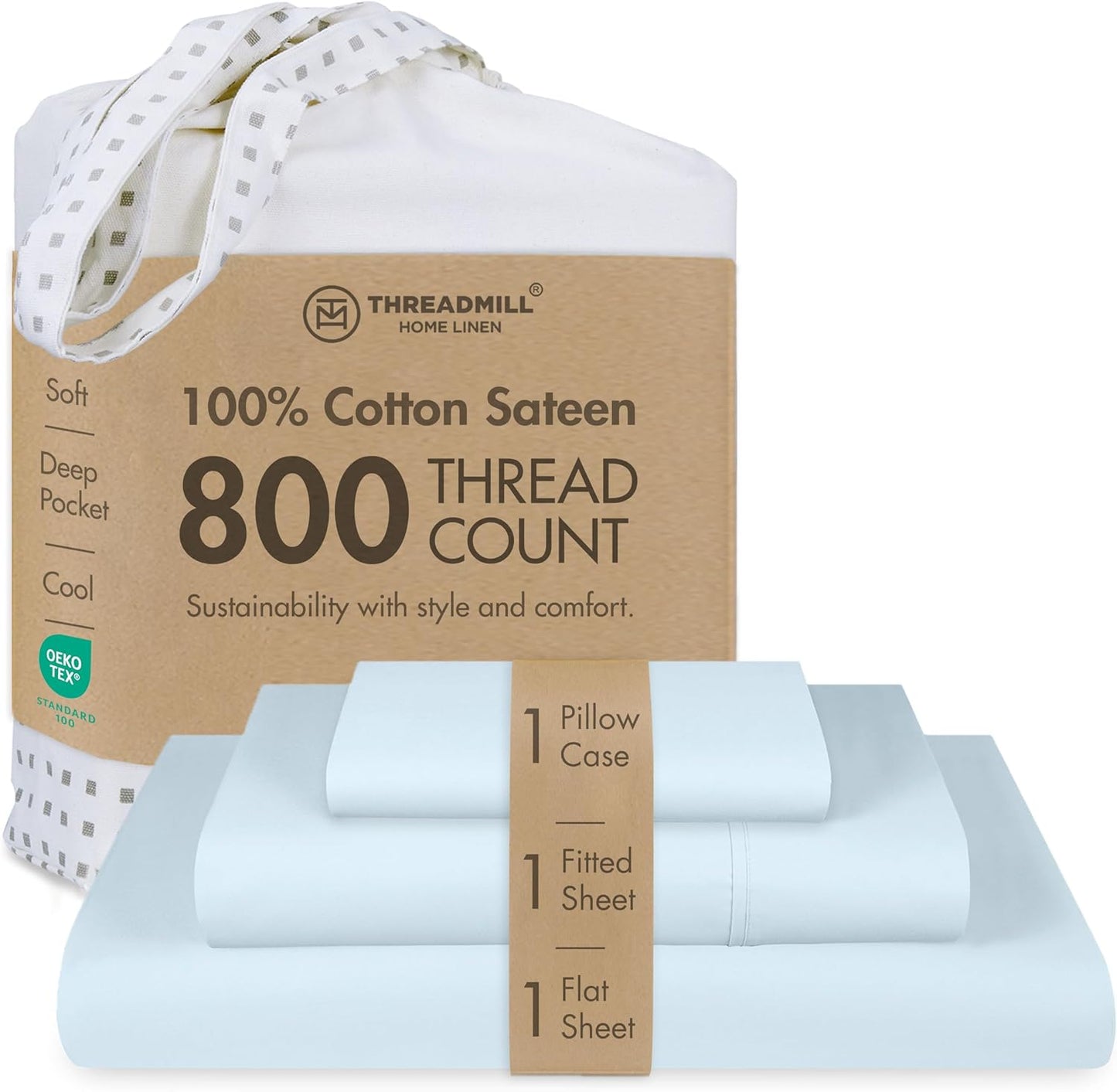 Threadmill Luxury 800 Thread Count Cotton Sheets - Soft Sateen Weave Twin XL Bedding Set | Light Blue, 3-Pc, 15" Deep Pocket