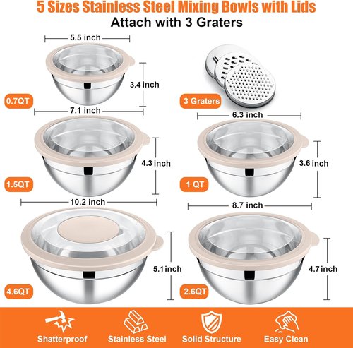 E-far Stainless Steel Mixing Bowls Set of 5 - Nesting Bowls with Transparent Lids & 3 Graters | Khaki