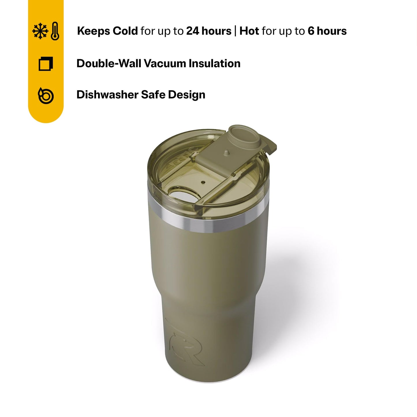 RTIC 20oz Essential Tumbler with Lid, Ceramic Lined, Insulated, Stainless Steel, Metal, Double Wall Vacuum-Insulation, Travel Cup for Iced Coffee, Tea, Hot and Cold Drink, Olive